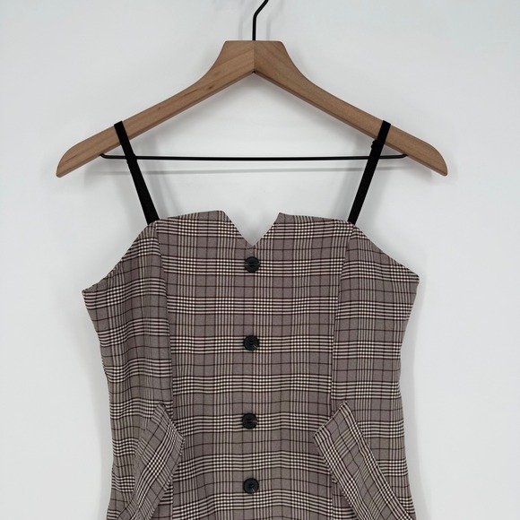 Plaid Button‎ Front Mini Dress Sweetheart Neckline Adjustable Straps Pockets - Picture 4 of 9